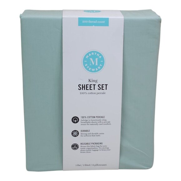 Martha Stewart King Sheet Set Cotton Percale 200 Thread Count Green - Picture 2 of 9
